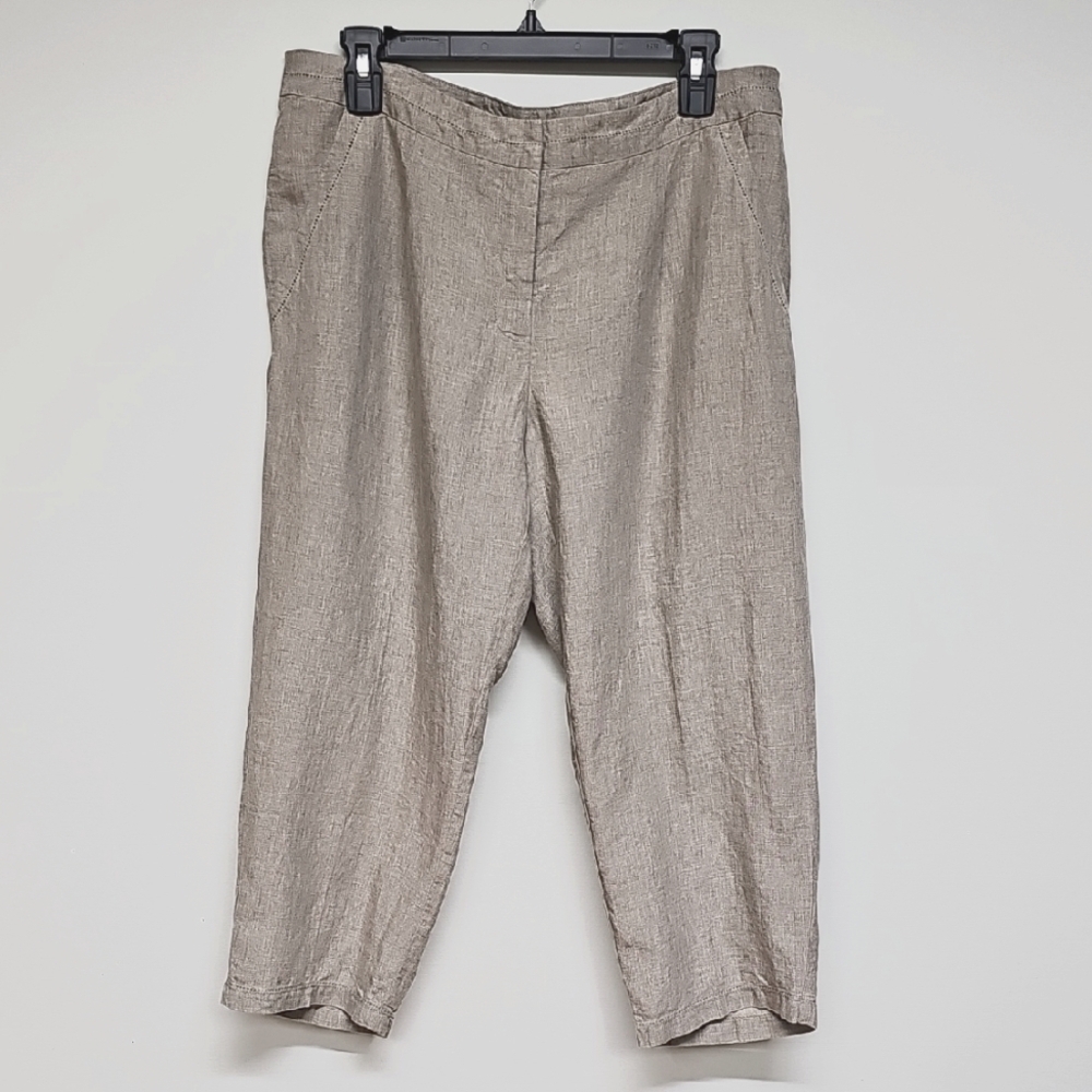 Eileen Fisher Khaki Linen Capri Pants Slant Pockets Zip Front Size Medium